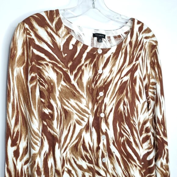 Talbots Cardigan Sweater M Brown Cream Abstract Animal Print Cotton Blend - Picture 2 of 5